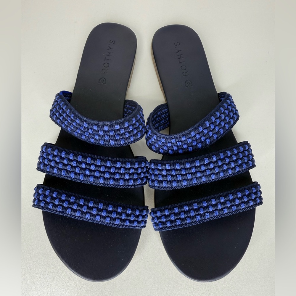 Rothy's Cobalt Blue Triple Band Basket Stitch Flat Slide Sandal Women 10 Travel